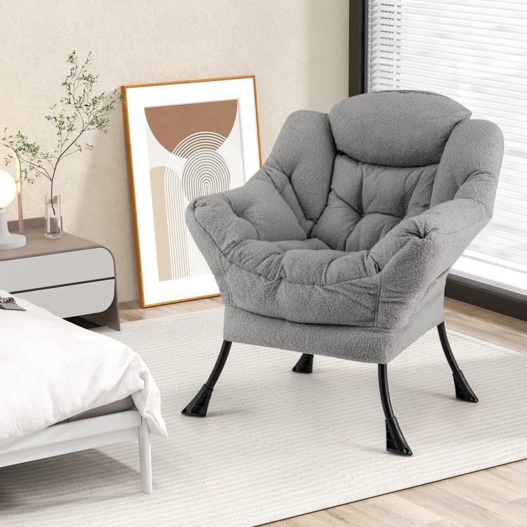Cozy gray sherpa upholstered accent chair with ergonomic backrest and soft head pillow, perfect for living rooms or.